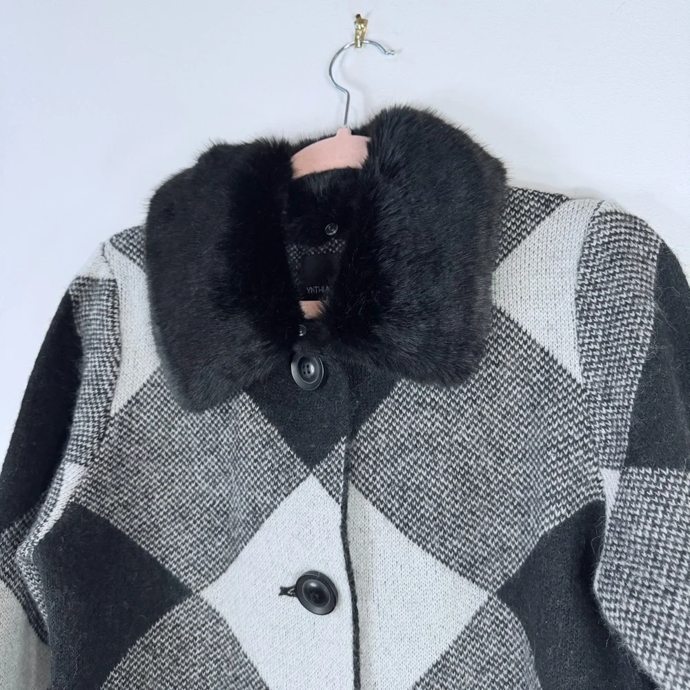 Cynthia Rowley Harlequin Faux Fur Collar Cardigan Size Large - Picture 3 of 8